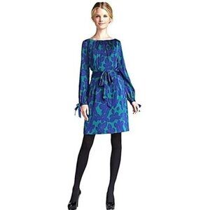 Milly New York Blue And Green Leaf Print Silk Clemie Long Sleeve Tie Dress 2‎